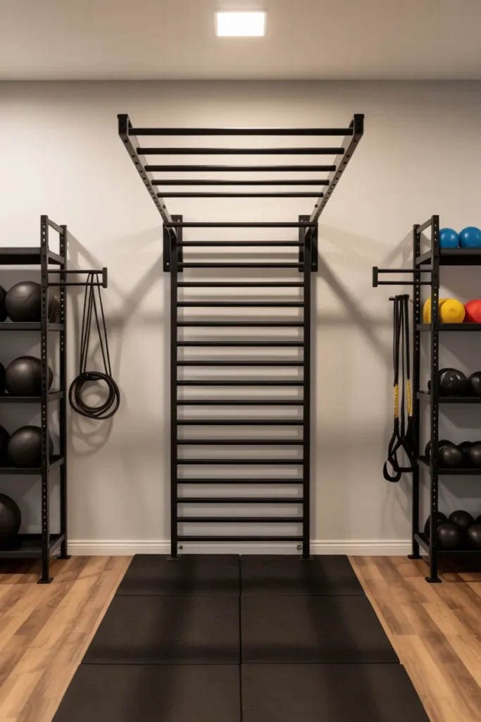 Basement Gym with Wall-Mounted Pull-Up Bar