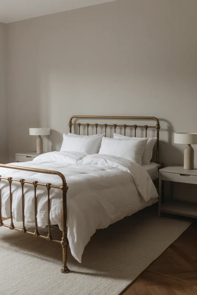 Modern Bedroom with Vintage Brass Bed Frame