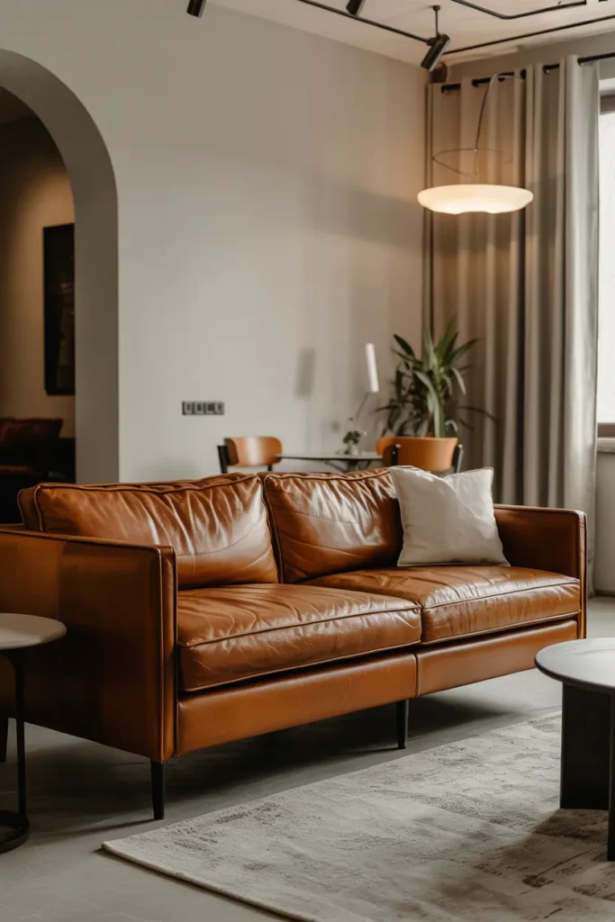 Modern Living Room with Vintage Leather Sofa