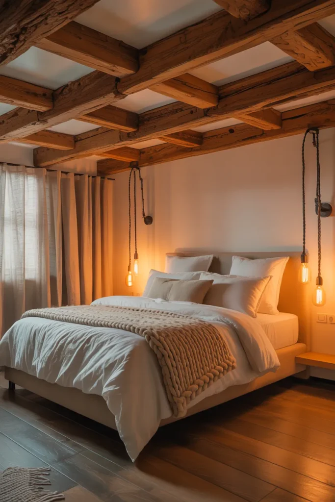 Rustic Wooden Beams with Pendant Lights