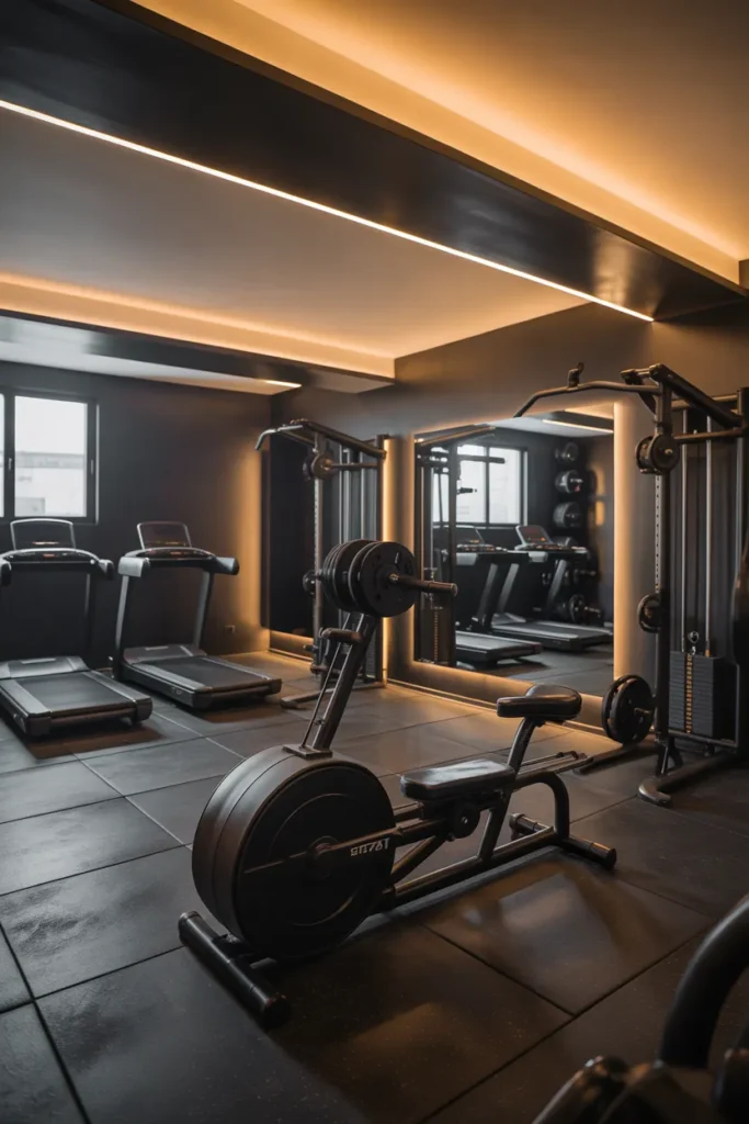 Stylish Basement Gym with Dark Accent Walls
