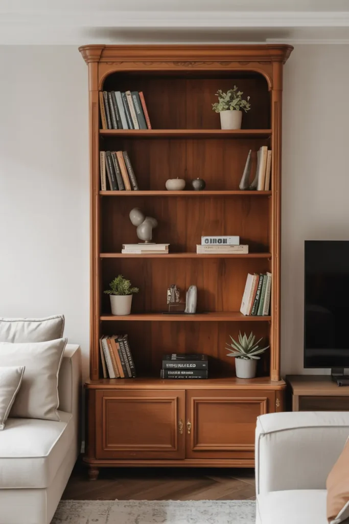Vintage Bookshelf Styling in a Modern Living Room