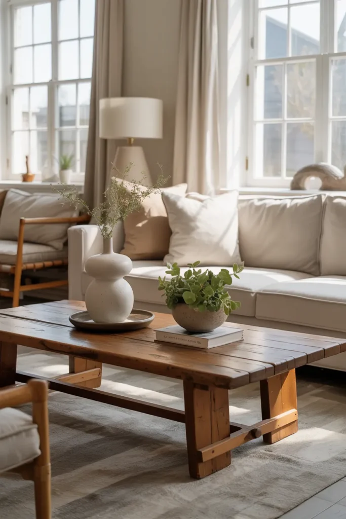 Vintage Wooden Coffee Table with Modern Sofa