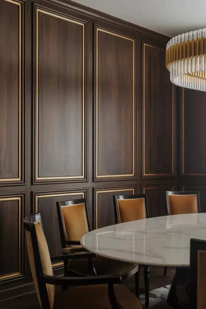 Dark Wood Paneling with Gold Accents