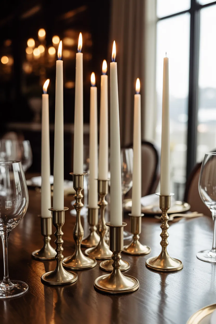 taper candles in brass holders
