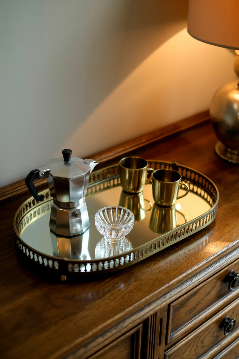 mirrored tray espresso bar