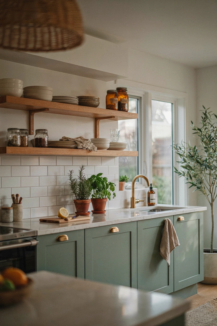 sage green and warm oak