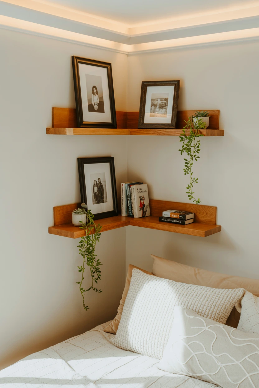 floating corner wooden shelves