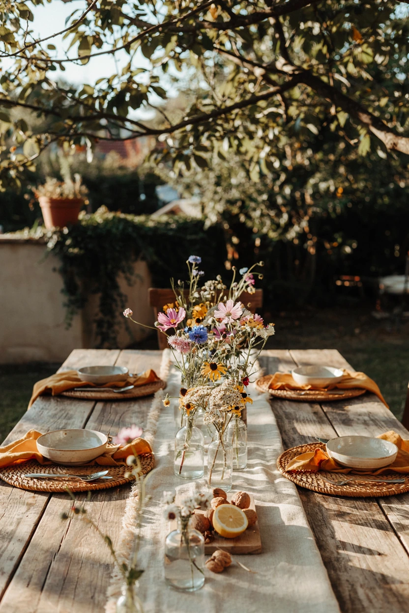 woven rattan and wildflowers