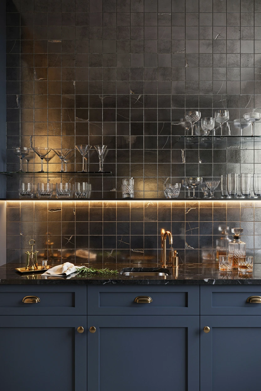 mirrored backsplash cocktail station